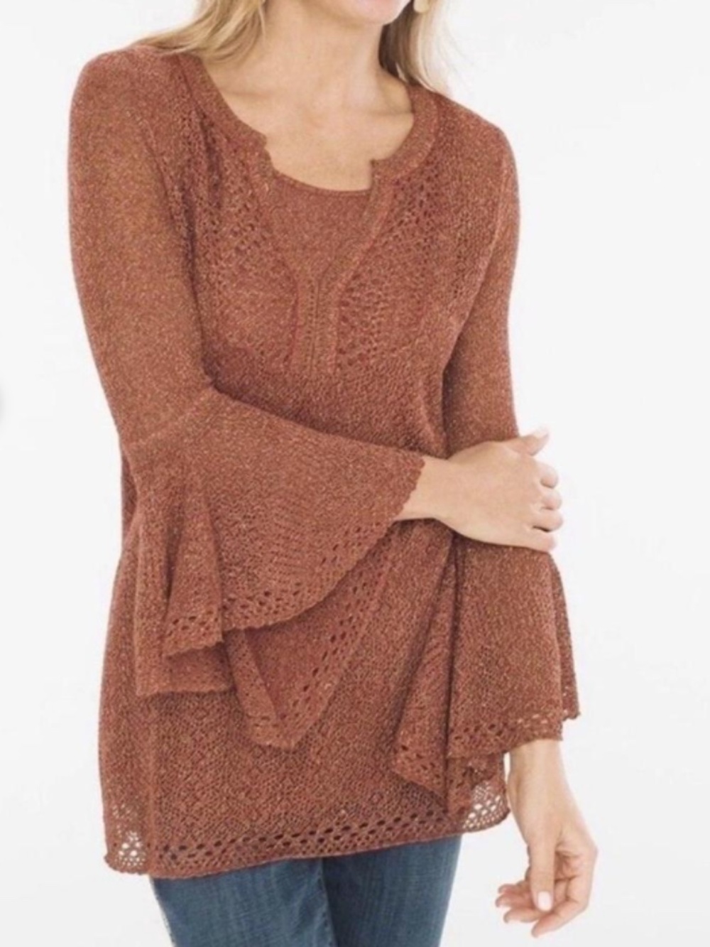 Chico's Rusty Orange Knit Bell Sleeve Layered V-neck Sweater Sz 12